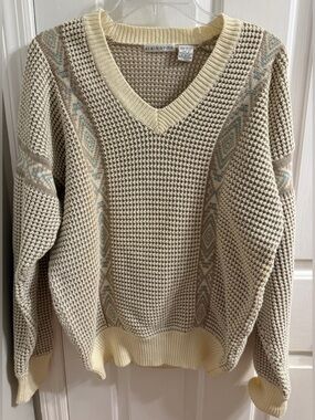 Vtg 90s Claiborne Mens M Irish Cotton Sweater Waffle Knit Unisex Oversized Aztec